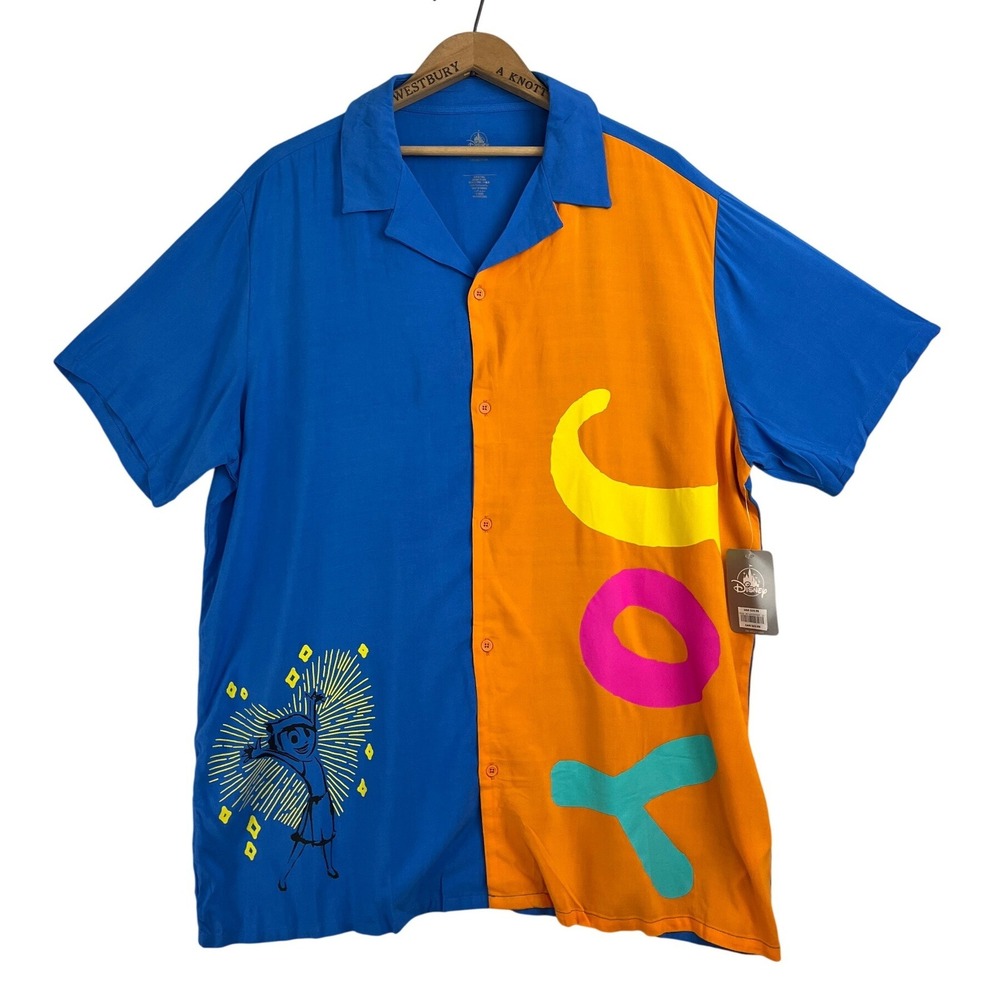 Disney Inside Out Joy Colorblock Button Up Shirt Mens XL Blue Orange‎ Pixar New